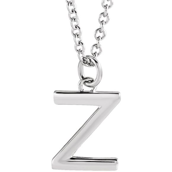 14k White Gold 9.5mm Small Block Initial Z Necklace 18 Inch